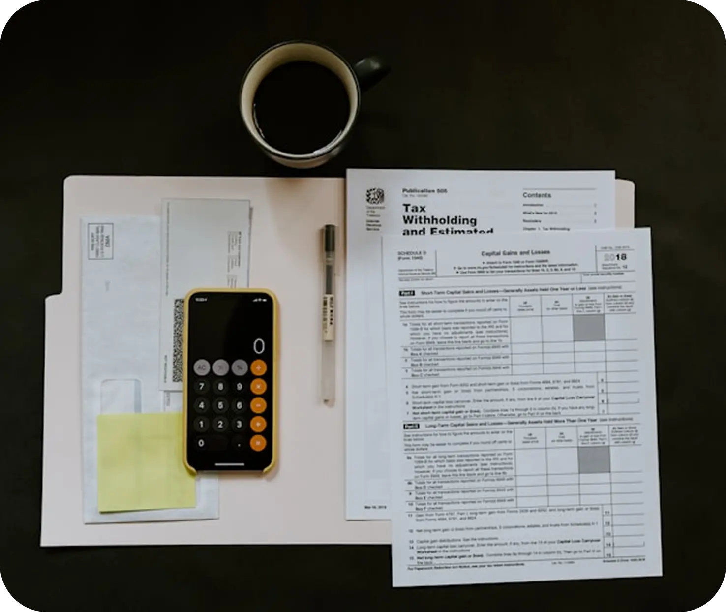 Accounting paperwork and calculator